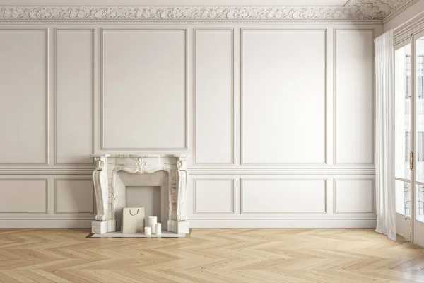 暖炉と成形品と古典的な白ベージュの空白の壁の空のインテリア。3Dレンダリングイラストモックアップ. — ストック写真