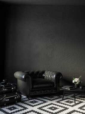 Siyah iç döşeme, deri koltuk, sehpa ve dekor. 3d resimleme modellemesi.