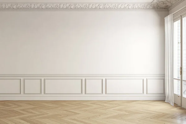 Beige-white classic empty interior with blank wall and moldings. 3d render illustration mock up. — Stock Photo, Image