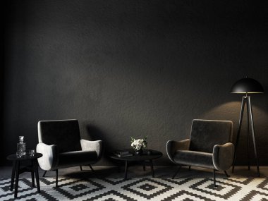 Kadife koltuklar, halı ve dekorlu siyah iç mekan. 3d resimleme modellemesi.