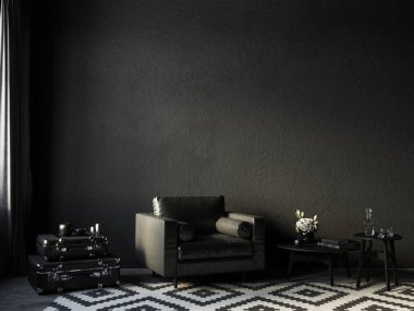 Siyah iç döşeme, deri koltuk, sehpa ve dekor. 3d resimleme modellemesi.