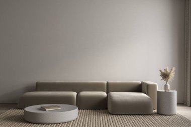 Kanepe, sehpa ve dekorlu modern minimalizm. 3d resimleme modellemesi.