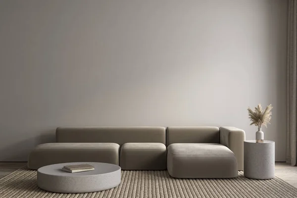 Nowoczesne minimalistyczne wnętrze z sofą, stolikami kawowymi i wystrojem. 3d renderowanie ilustracji makieta. — Zdjęcie stockowe