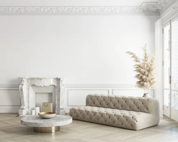 Classico interno bianco con divano, camino e arredamento. Mockup illustrazione rendering 3d. — Foto Stock