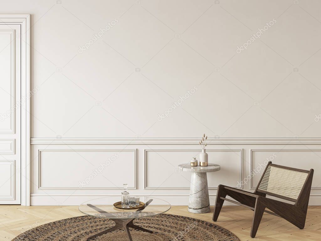 Classic beige interior with lounge chair and decor. 3d render illustration mockup.