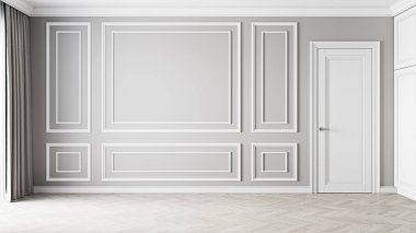 Pervazları ve kapısı olan klasik gri iç döşeme. 3d resimleme modellemesi.
