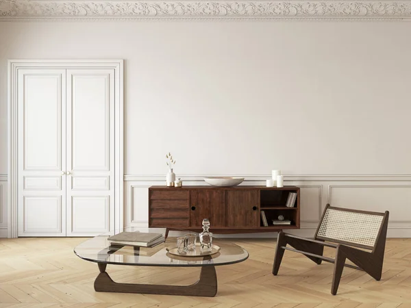 Interior clásico beige con vestidor, sillón y decoración. maqueta de ilustración de renderizado 3d. —  Fotos de Stock