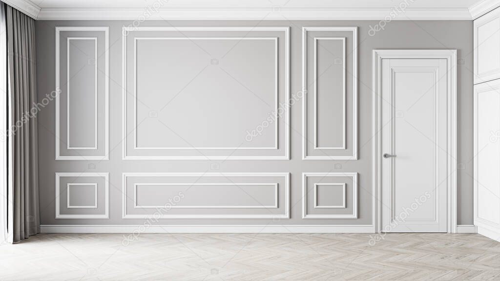 Classic gray empty interior with moldings and door. 3d render illustration mockup.