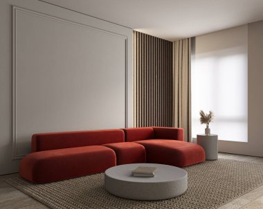 Modern minimalist gri, bej iç döşeme, kırmızı kanepe, duvar perdeleri ve dekor. 3d resimleme modellemesi.