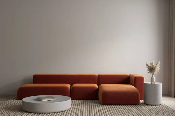 Nowoczesne minimalistyczne, szare, beżowe wnętrze z pomarańczową sofą, dywanem i wystrojem. 3d renderowanie ilustracji makieta. — Zdjęcie stockowe
