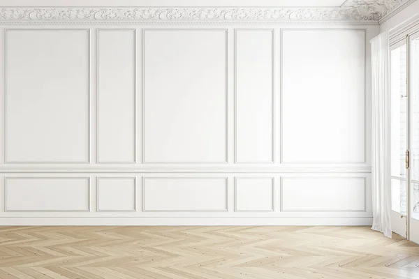 Classic white empty blank wall interior with moldings and wood floor. 3d render illustration mockup. — Stock Photo, Image