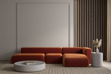 Portakal rengi kanepe, pervazlar ve dekorla modern minimalizm. 3d resimleme modellemesi.