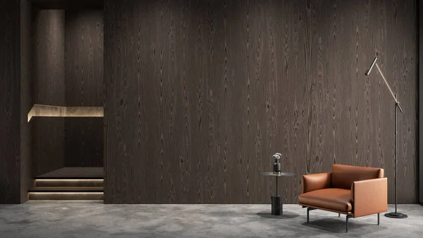 Interior moderno de madera con sillón naranja, panel de pared y decoración. 3d renderizado ilustración maqueta hasta. —  Fotos de Stock