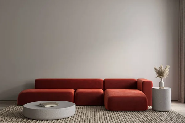 Nowoczesne wnętrze z pomarańczową sofą i wystrojem. 3d renderowanie ilustracji makieta — Zdjęcie stockowe
