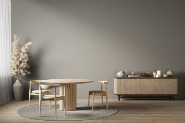 Gri iç döşeme, yemek masası, şifonyer ve dekor. 3d resimleme modellemesi.