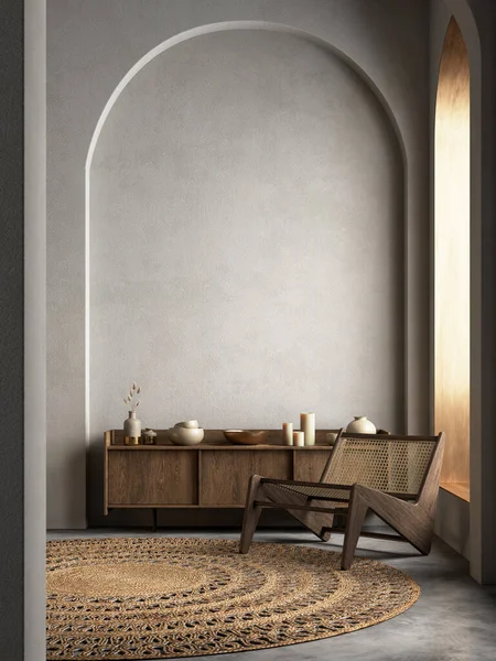 İçerisi kavisli, şifoniyerli, şezlonglu ve dekorlu. 3d resimleme modellemesi.