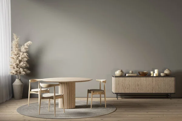 Gri iç döşeme, yemek masası, şifonyer ve dekor. 3d resimleme modellemesi.