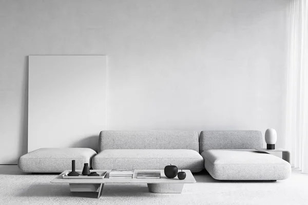 Białe, nowoczesne minimalistyczne wnętrze z sofą, stołem kawowym i plakatem. 3d renderowanie ilustracji makieta. — Zdjęcie stockowe