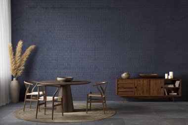 İçi koyu mavi, yemek masası, şifoniyer, dekor ve tuğla duvarlı. 3d resimleme modellemesi.