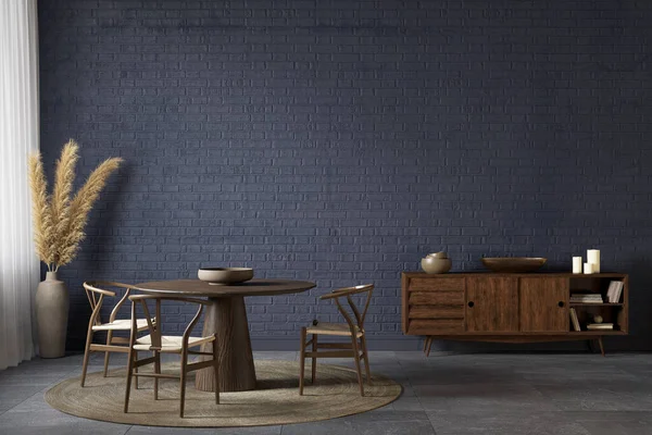 Interior azul oscuro con mesa de comedor, cómoda, decoración y pared de ladrillo. maqueta de ilustración de renderizado 3d. —  Fotos de Stock