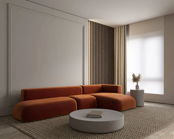 Çağdaş klasik minimalist gri, turuncu koltuklu bej iç döşeme, duvar perdeleri ve dekorlu. 3d resimleme modellemesi.