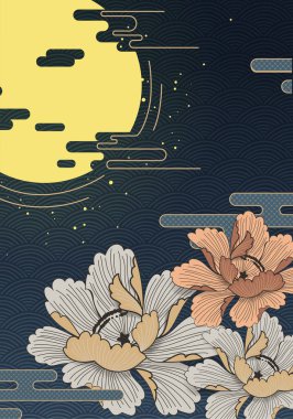 Japon dalga desen vektörlü çiçek ve ay. Doğu tarzı arka plan. Sonbahar ortası festivali ya da Ay Festivali. Koyu mavi üzerine altın. Vektör Düz biçimi.