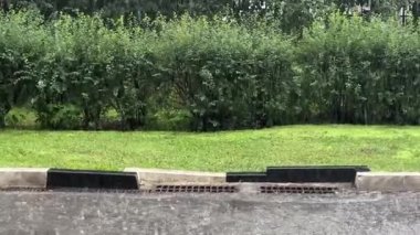 A rainy scene with raindrops falling on a hexagonal-patterned pavement. The ground appears wet caused by heavy rain. High quality 4k footage