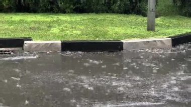 A rainy scene with raindrops falling on a hexagonal-patterned pavement. The ground appears wet caused by heavy rain. High quality 4k footage