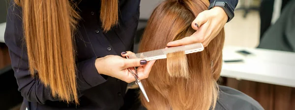 Rückenansicht Des Friseurs Schneidet Jungen Frauen Schönheitssalon Rote Oder Braune — Stockfoto