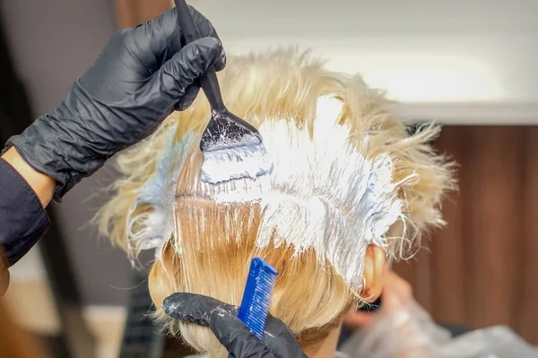 Visão Traseira Mãos Cabelo Estilista Tingir Cabelo Mulher Jovem Cor — Fotografia de Stock