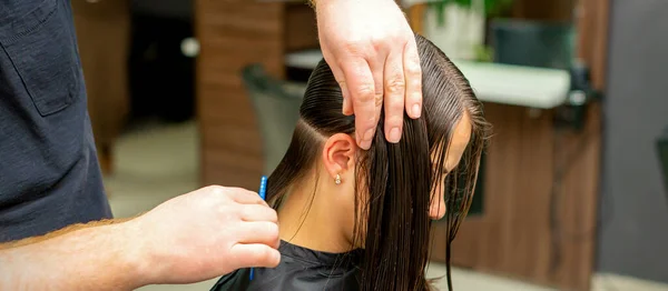 Hands of a hairdresser combing the hair of a young woman parted in sections at the barbershop