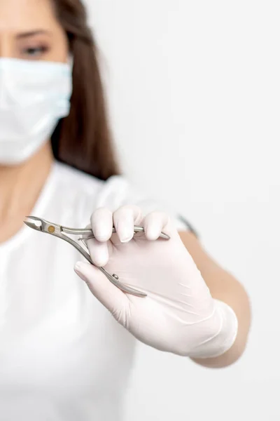 Manicure Tools Hands Female Manicurist Wearing White Mask Gloves White — Stock Photo, Image