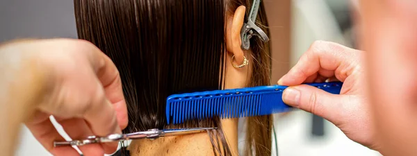 Widok Tyłu Męskiego Fryzjera Obcina Włosy Młodej Kobiecie Nożyczkami Grzebieniem — Zdjęcie stockowe