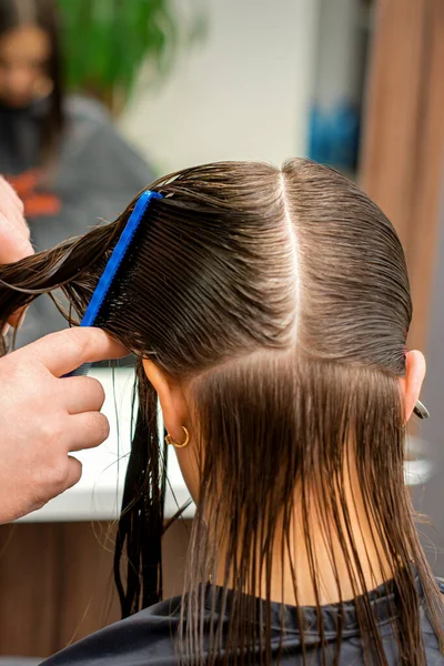 Hände Eines Friseurs Beim Kämmen Der Haare Einer Jungen Frau — Stockfoto