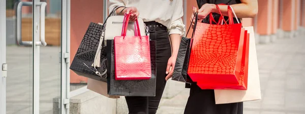 Dos Mujeres Jóvenes Con Bolsas Compras Pie Cerca Del Centro —  Fotos de Stock