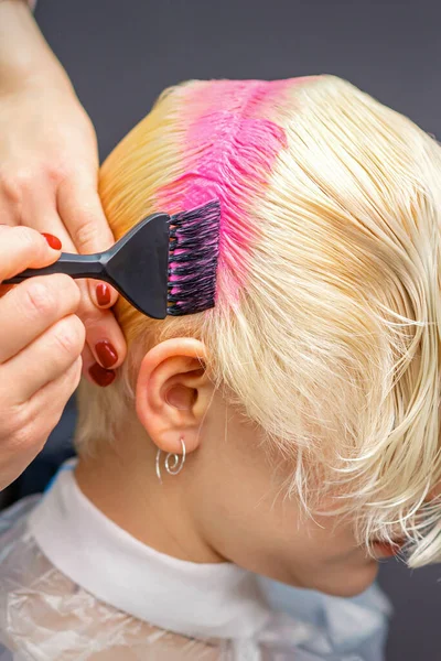 Hand Paintbrush Dyeing White Hair Woman Pink Color Hair Salon — Stock Photo, Image