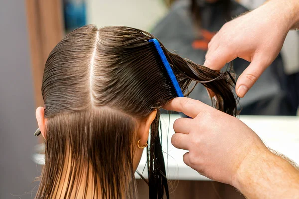 Руки Перукаря Розчісує Волосся Молодої Жінки Розбиті Секції Перукарні — стокове фото