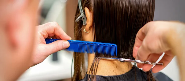 Rear view of a male hairdresser cuts hair of young woman with siscors and comb