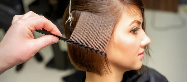 Professioneller Friseur Bürstet Glatte Weibliche Haare Während Der Haarpflege Schönheitsoperationen — Stockfoto