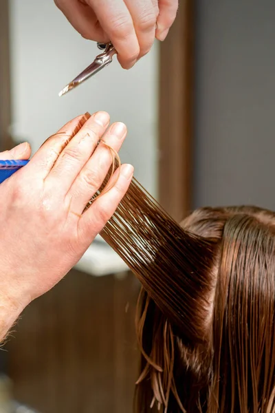 Zbliżenie Górę Mężczyzna Fryzjer Ręce Obcina Kobieta Włosy Salon Fryzjerski — Zdjęcie stockowe