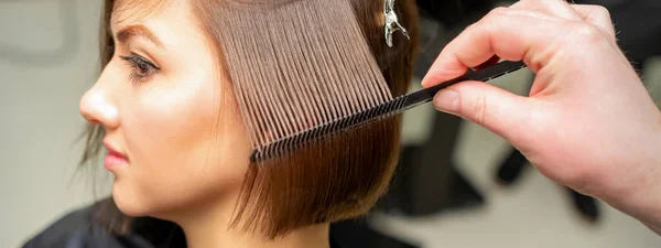 Professional hairdresser brushing straight female hair while hair care beauty procedures in a hair salon