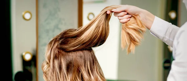 Fryzjer Trzyma Kosmyk Długich Włosów Młodej Kobiety Salonie Piękności — Zdjęcie stockowe