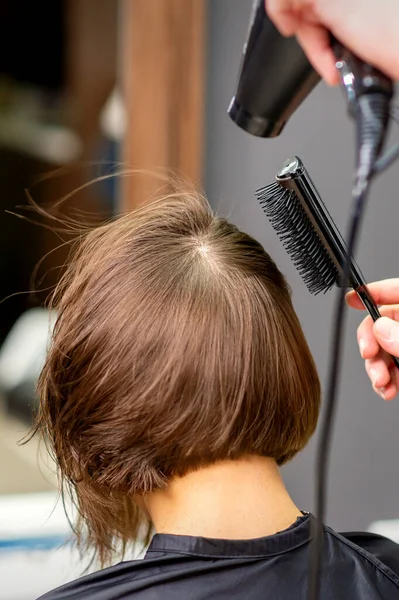 Peluquería Seca Los Cabellos Castaños Mujer Joven Salón Belleza —  Fotos de Stock