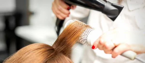 Close Hairdresser Drying Long Red Hair Hairdryer Brush Beauty Salon — Stock Photo, Image