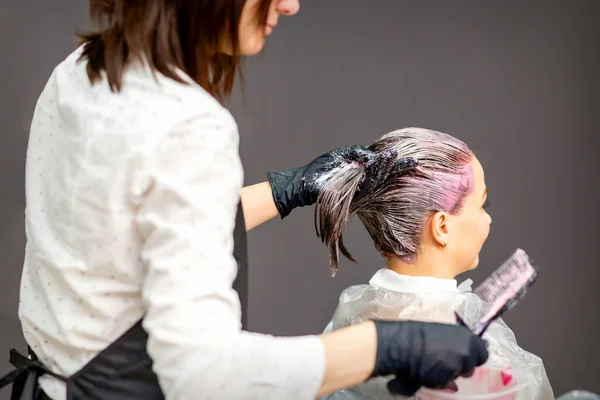 Cabeleireiro Feminino Tingir Cabelo Mulher Branca Jovem Salão Cabeleireiro — Fotografia de Stock