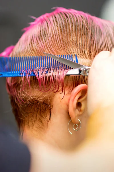 若いですCaucasian女性とともにピンク髪取得Aショートヘアカットによって男の美容師の手でA美容院 — ストック写真
