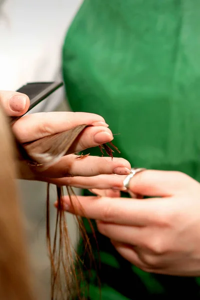 Closeup of a hairdresser cutting hair tips of a female customer in a beauty salon