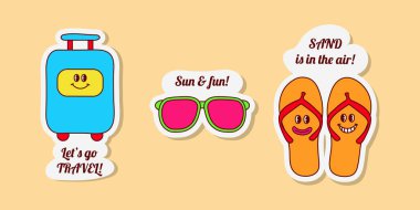 İçinde bavul, güneş gözlüğü ve parmak arası terlik gibi renkli çıkartmalar var. Bir seyahat, tatil ve yaz eğlencesi temasını ifade ederler..