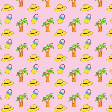 Yaz tatili seyahatleri düzenleyen çizgi film çizimleri. Bu renkli Y2K tasarım mayolar, palmiye ağaçları ve pembe arka planda şapkalar sergileniyor..