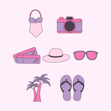 A collection of pink and purple vector icons representing a tropical beach holiday, including swimwear, tickets, camera, and accessories. It evokes a Y2K aesthetic.